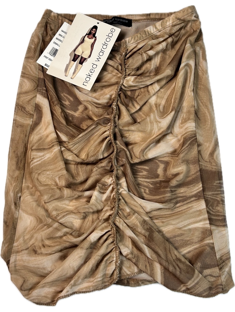 Naked Wardrobe Marble Olive Green Ruched Mesh Skirt Size Small